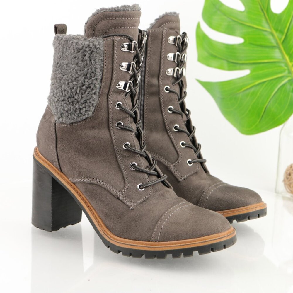 Nine West Womens Perry Boot Size 9 Gray Lace Up Block Heel Bootie Lug Sole Vegan